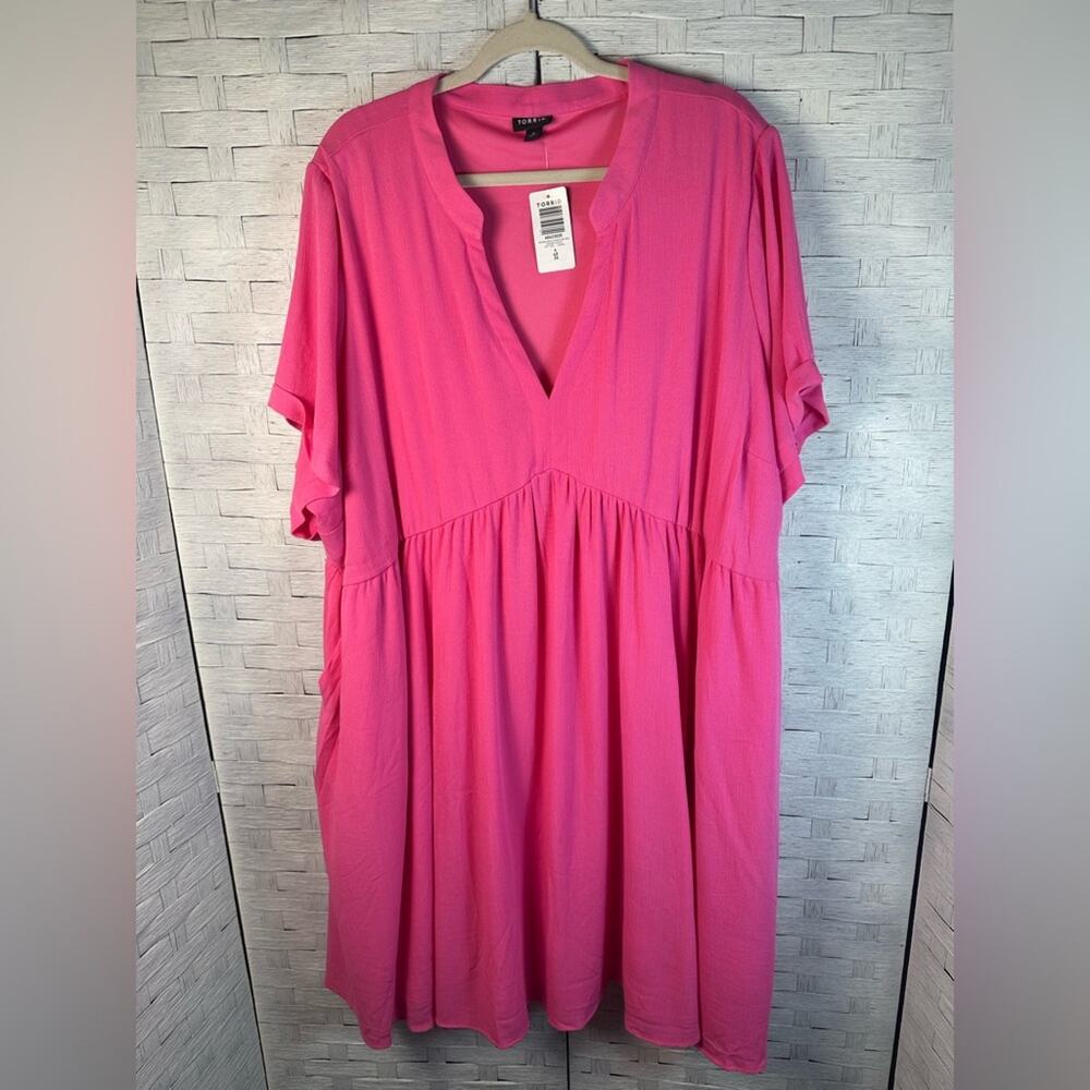 Torrid v-neck Hi Low Waist Tunic dress pocket spring hot pink coquette plus size - Picture 3 of 15